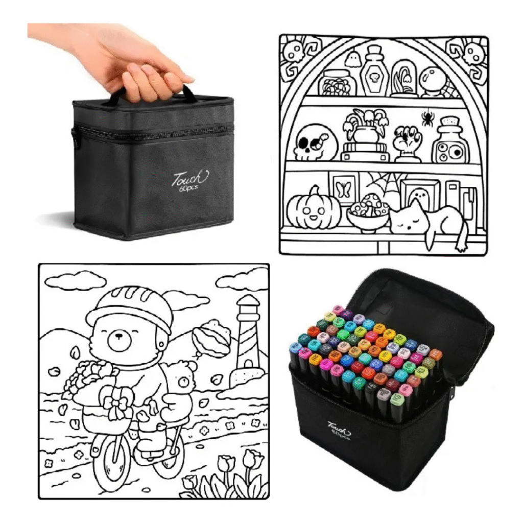 Livro De Colorir + 60 Canetas Marcadoras Ponta Dupla E Estojo Caderno Ursinhos E Capivaras Flex