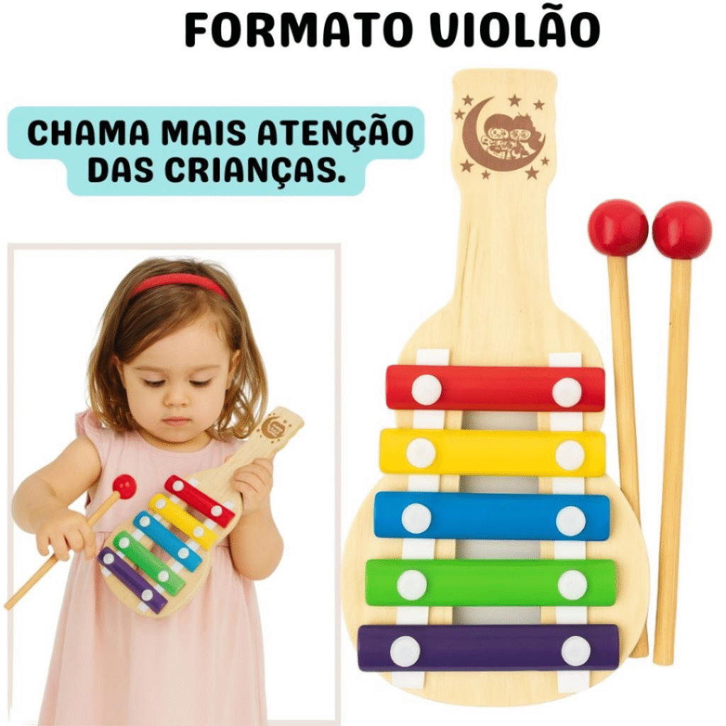 Xilofone De Madeira Formato Violão Metalofone Infantil Brinquedo Colorido Musica