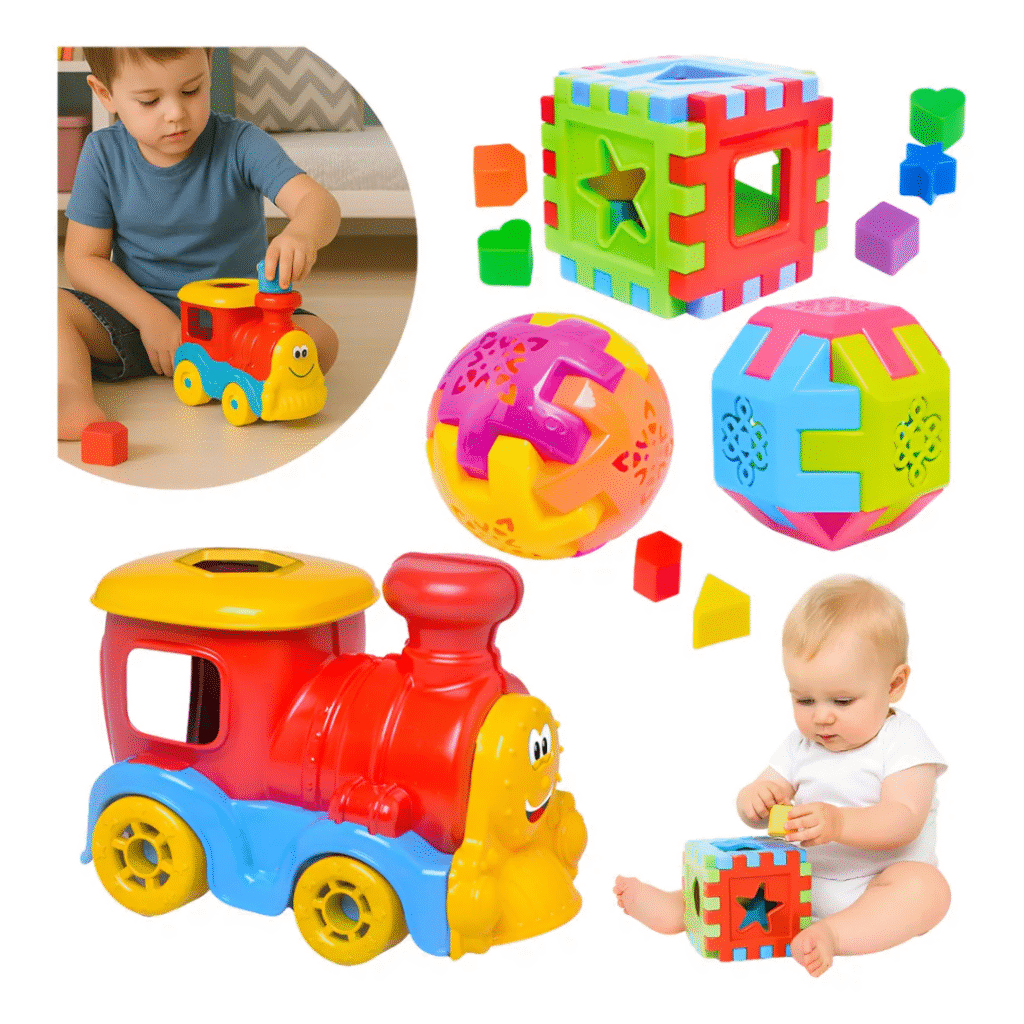 Kit 4 Brinquedo Educativo Cubo Trenzinho Didático Geométrico