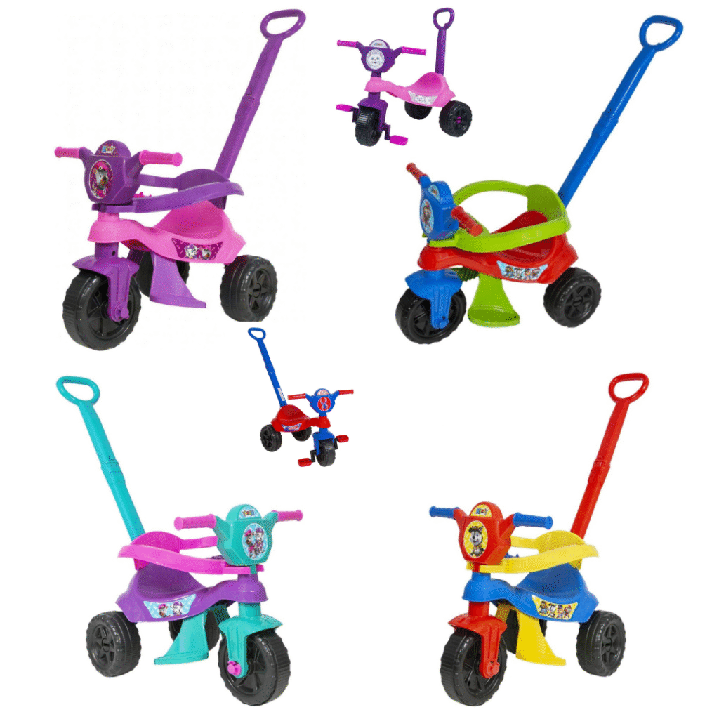 Motoca Triciclo Infantil Kendy Velotrol Patrulha Canina Menino Menina Bebê com Pedal, Empurrador e Proteção Lateral
