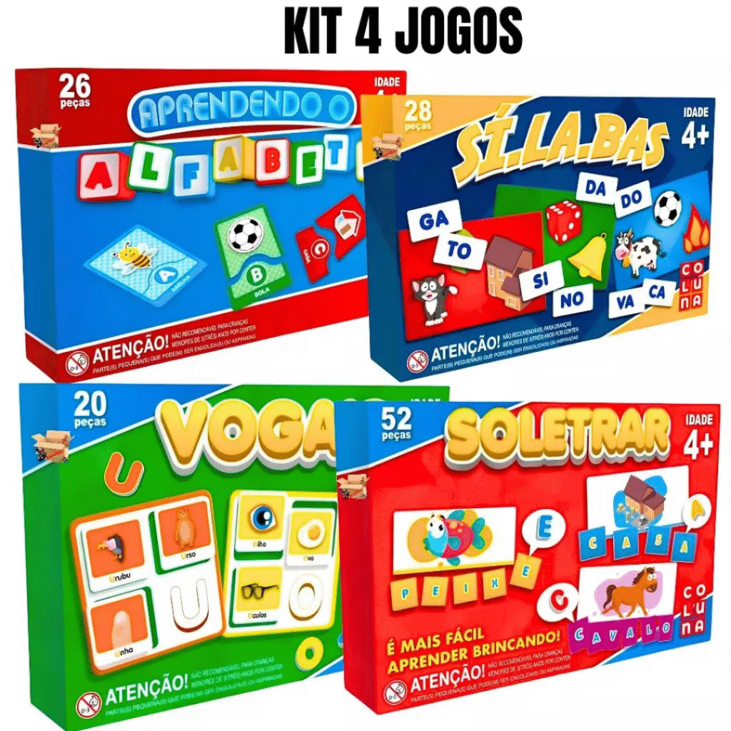Kit Brinquedo Pedagógico Educativo 4 Jogos Vogais + Sílabas + Soletrar + Alfabeto