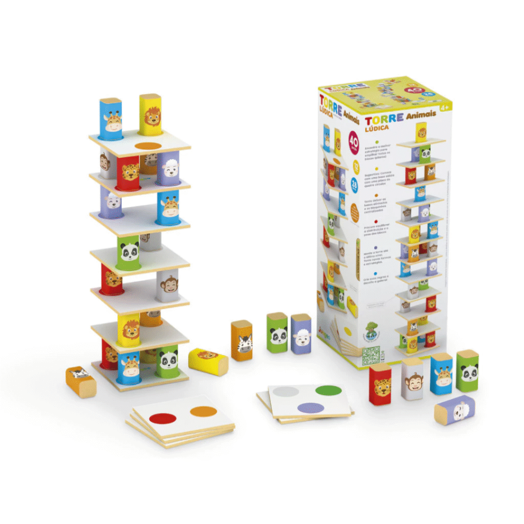 Torre Lúdica Animais 40 peças Madeira MDF Colorido