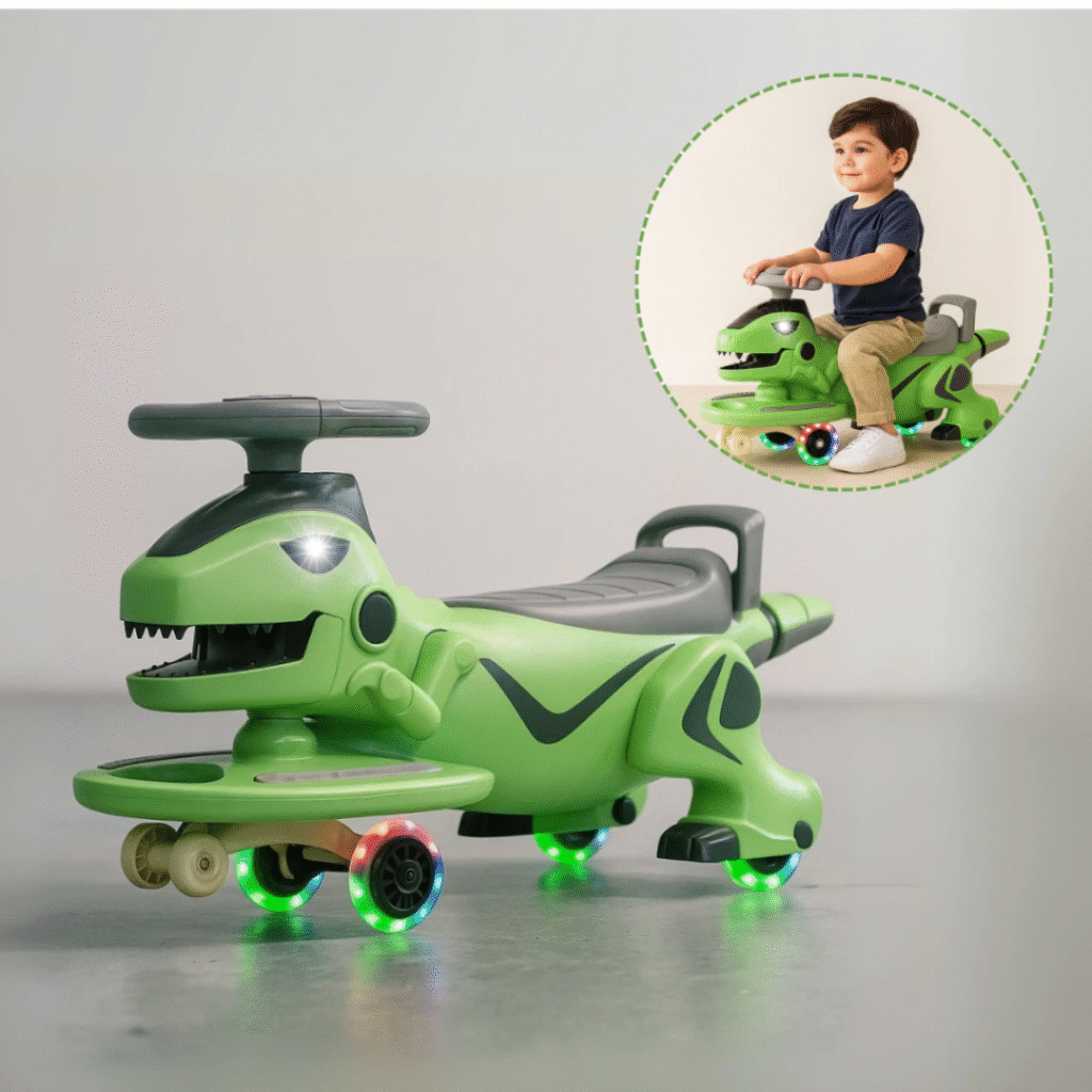 Carrinho Super Car Passeio Infantil Dino Com Led Suporta 100kg Que Gira Volante 360°