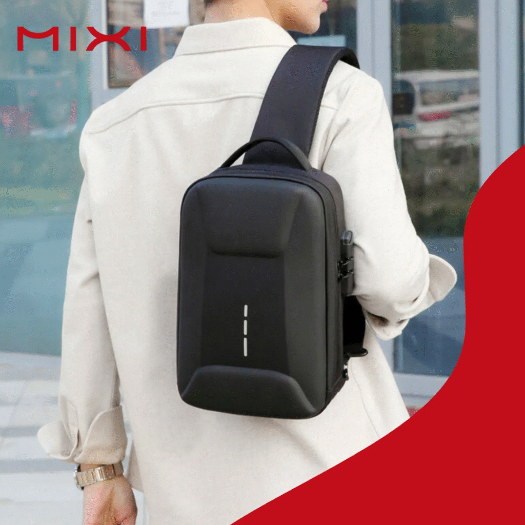 Mochila Transversal De Ombro Antifurto Saída Usb Forte Cor Preto Desenho Do Tecido Liso Com Estrutura Firme